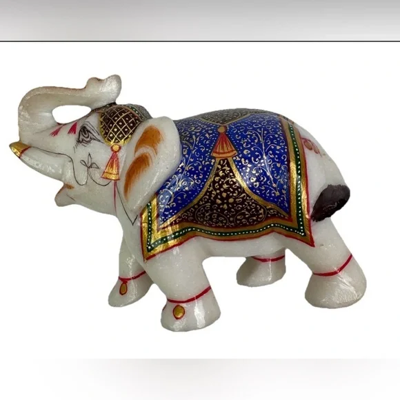 VTG White Marble Trunk Up Stone Hand Painted Elephant StatueHome Decor Gift